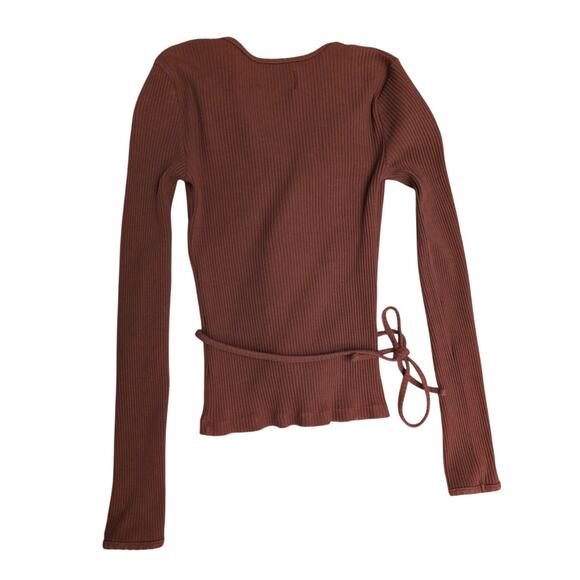 Rouje Julien Ribbed V-Neck Wrap Top Brown Tie Waist Slim Quiet Luxury Clean Girl - Picture 6 of 8